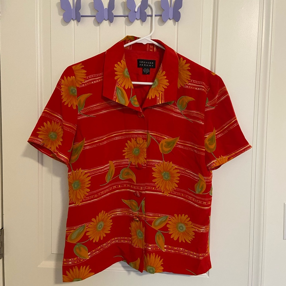 EUC‎ Vintage Spenser Jeremy women’s red orange floral silk button blouse top 10